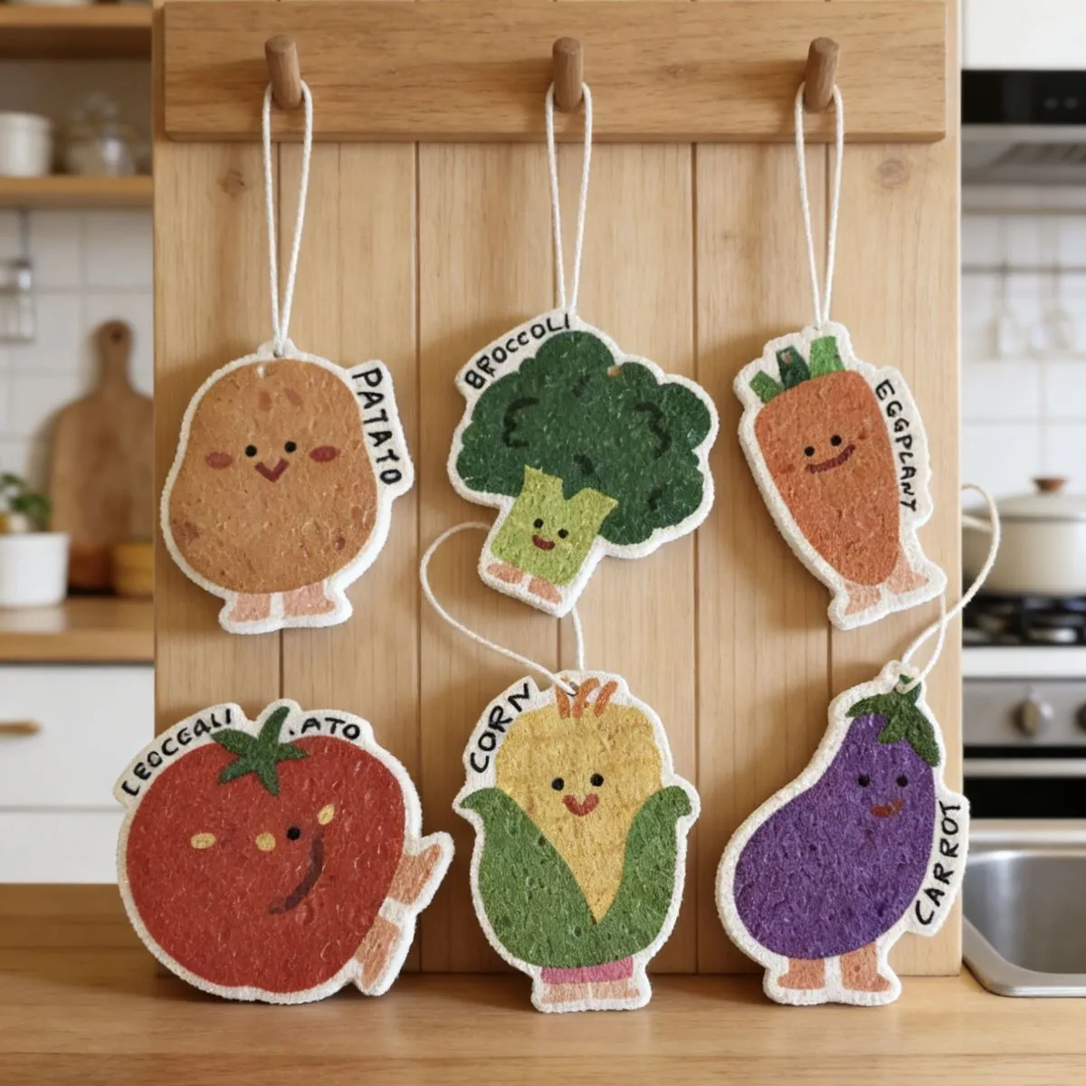 CHULELE Cartoon Vegetable Wood Pulp Sponge – Expands When Wet Cellulose Scrubber, Cute Kitchen Dish Scourer with Hanging String for Easy Drying